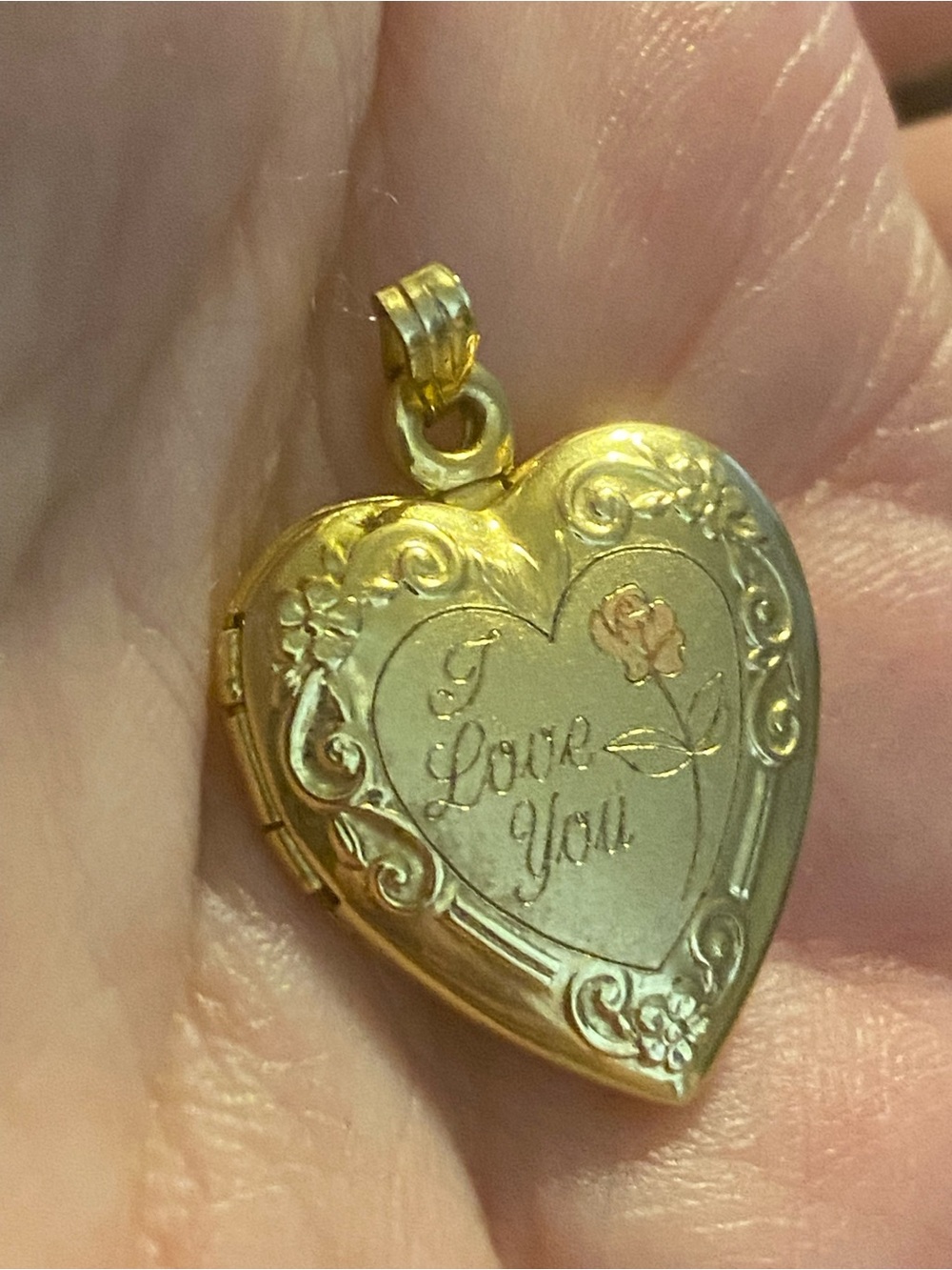 Vintage Tru-Kay 1/20 14K Gold Filled "I Love You" Heart Locket Pendant Signed TK